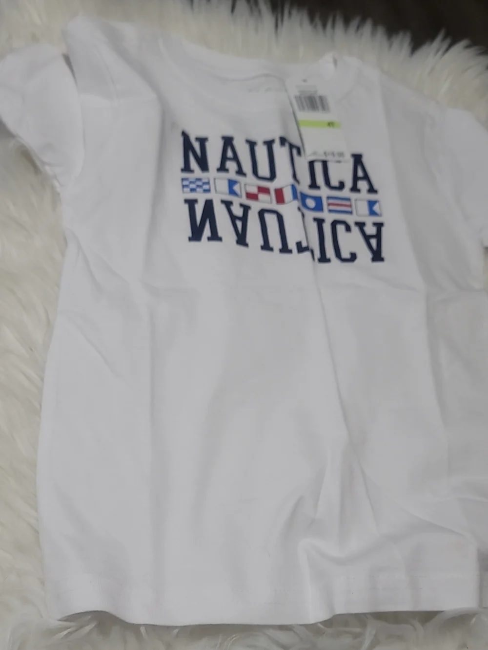 Nautica White Tee with Navy Logo and Nautical Flag Accents